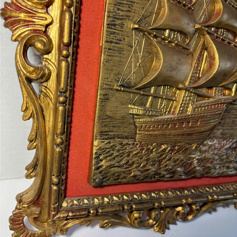 VTG Ornately Framed Schooner Ship Italy Red Velvet Matte Wall Hanging Goldtone